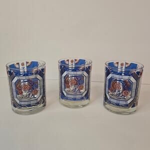 3 Vintage Old Fashioned Lowball Rocks Glasses Blue Oriental Imari Pattern Gold